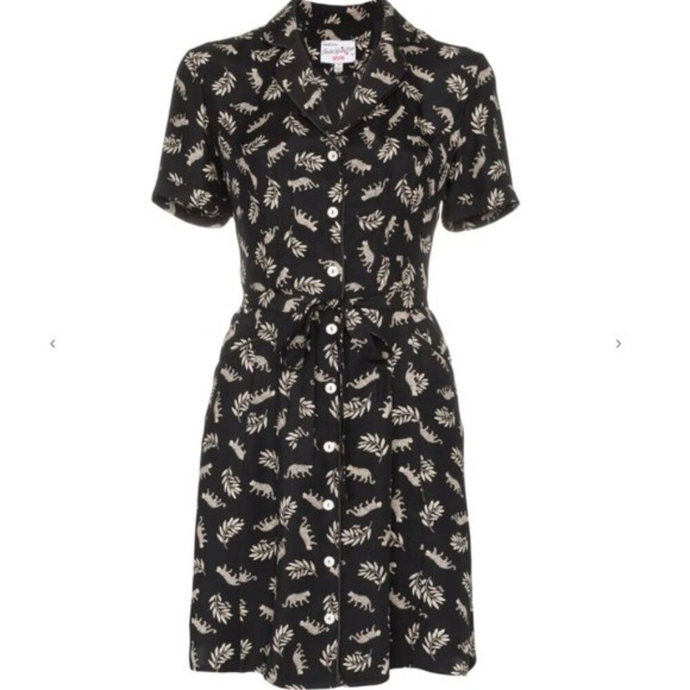 HVN Maria Black Leopard and Leaf Print Mini Dress with Removable Belt! Size 0